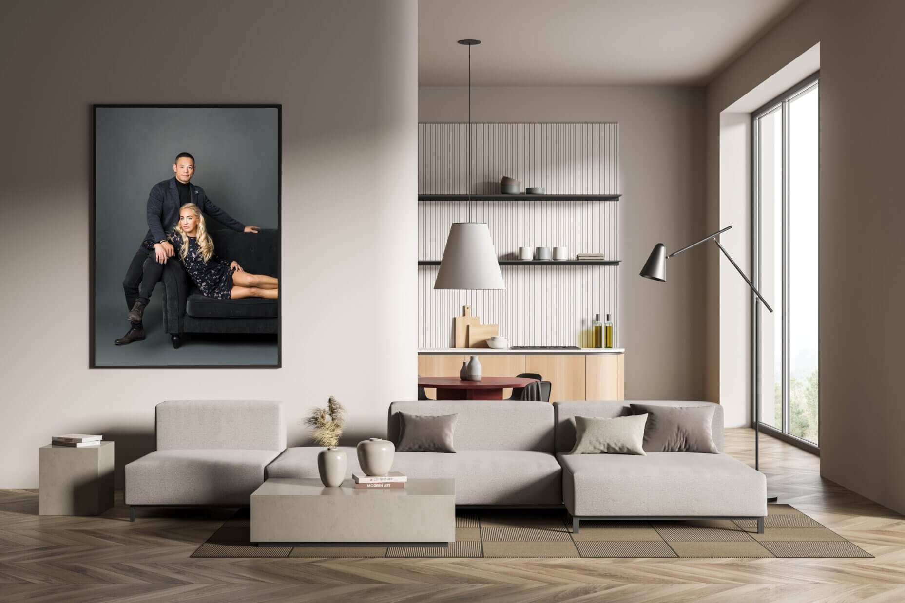 Copy space mockup wall with poster in villa living room, open space kitchen, design interior, modern furniture, hardwood flooring, huge couch. Concept of relax. 3d rendering