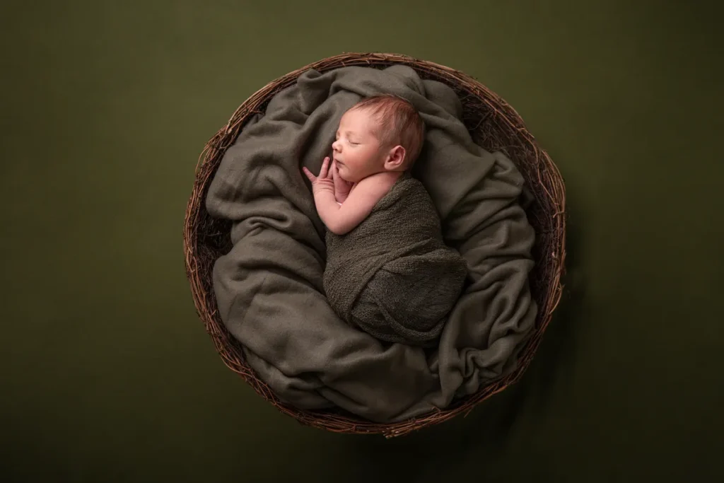 Baby im Körbchen auf Grün
