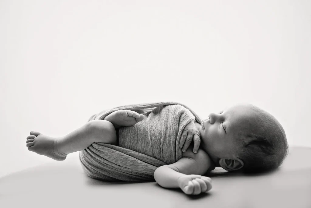 Schlafendes Baby seitlich, Schwarz-Weiß, Querformat